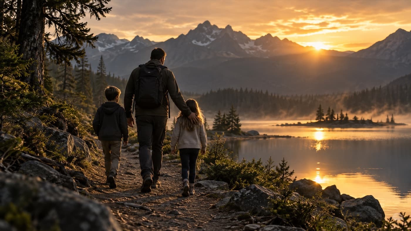 A father walking with his children toward a mountain sunrise